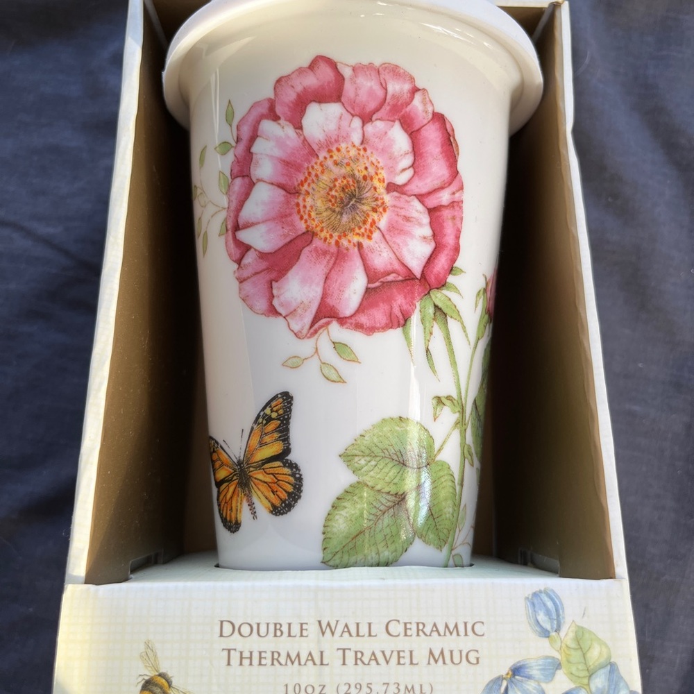 10oz Lenox Double wall butterfly and flower ceramic travel mug